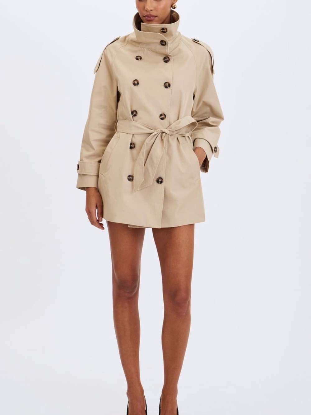 Miss Circle Vanetta High Collar Double-Breasted Trench Mini Coat (NWT)
